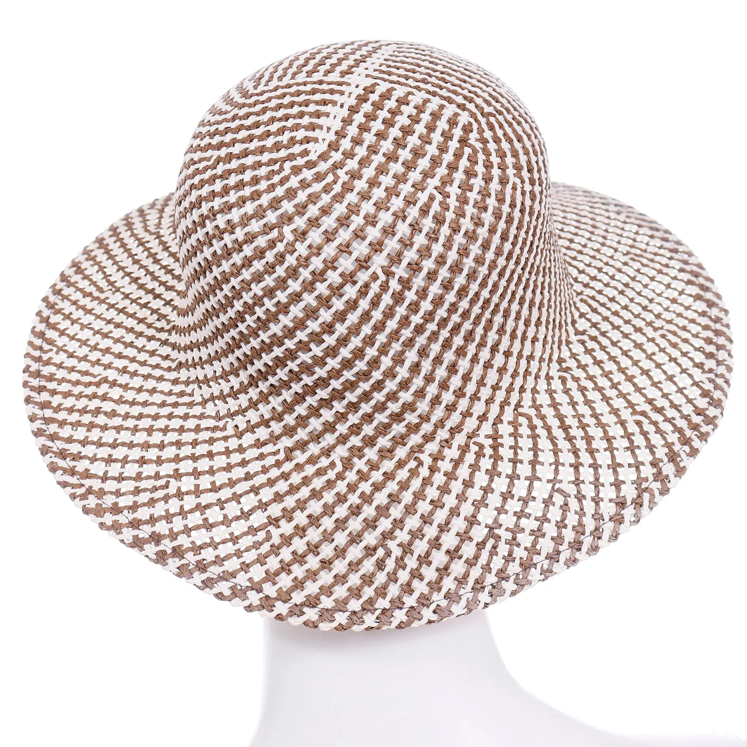 1990s Vintage Brown and White Patterned Woven Straw Hat