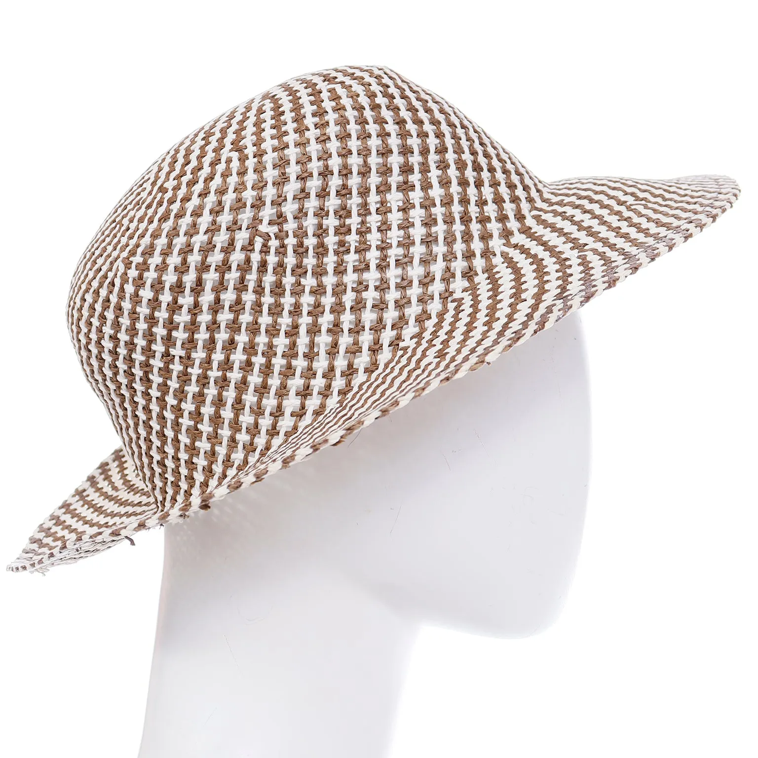 1990s Vintage Brown and White Patterned Woven Straw Hat