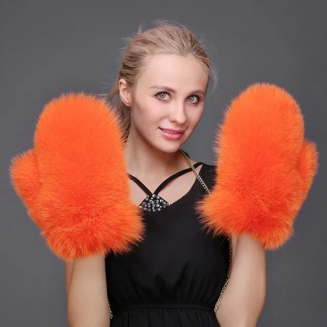 Ashore Shop Women's Natural Fox Fur Leather Sheepskin Mittens