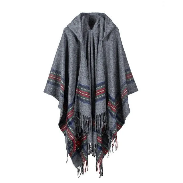 Ashoreshop Spring Beach Poncho Fringed Stripe Jacquard Knit hooded cloak Indoor and Outdoor