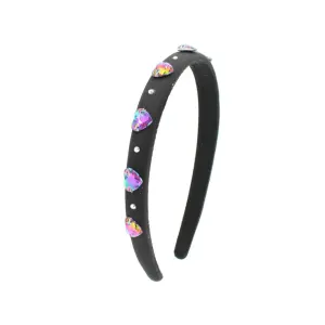 Bari Lynn Thin Satin Jeweled Hearts Headband - Black