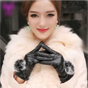 Beautiful Ribbit Fur Ball Leather Gloves for Winter Gloves Brand Mitten luvas Women Gloves female gloves