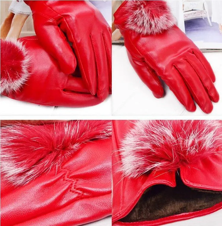 Beautiful Ribbit Fur Ball Leather Gloves for Winter Gloves Brand Mitten luvas Women Gloves female gloves