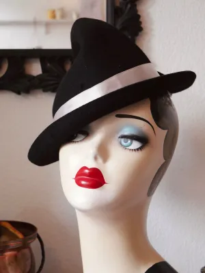 Black Vintage Style Witch Hat (Refashioned)with Grey Ribbon