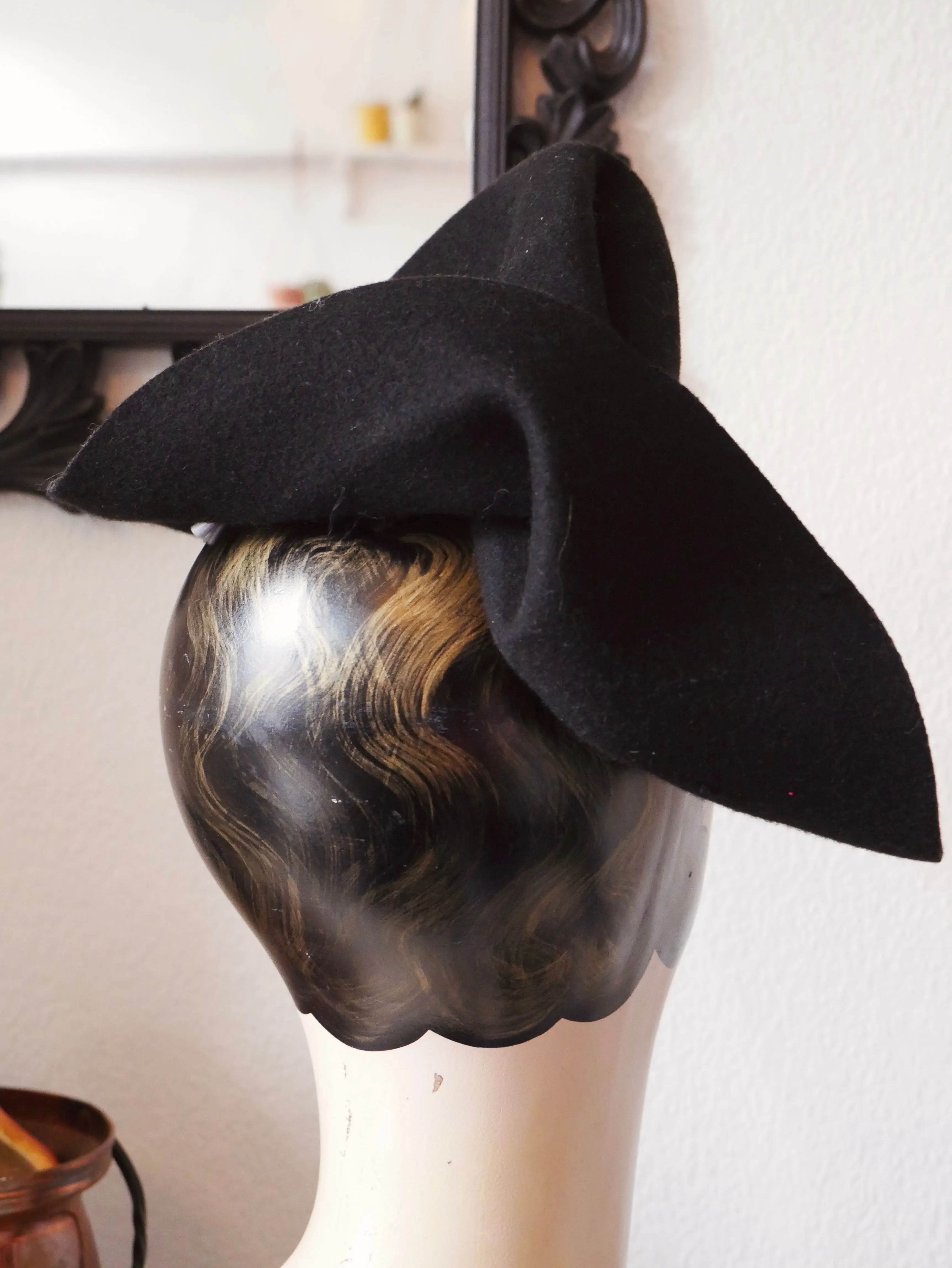 Black Vintage Style Witch Hat (Refashioned)with Grey Ribbon