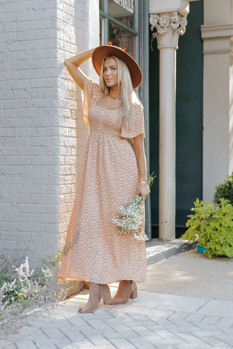 Boho Print Smocked Maxi Dress - Clay - FINAL SALE