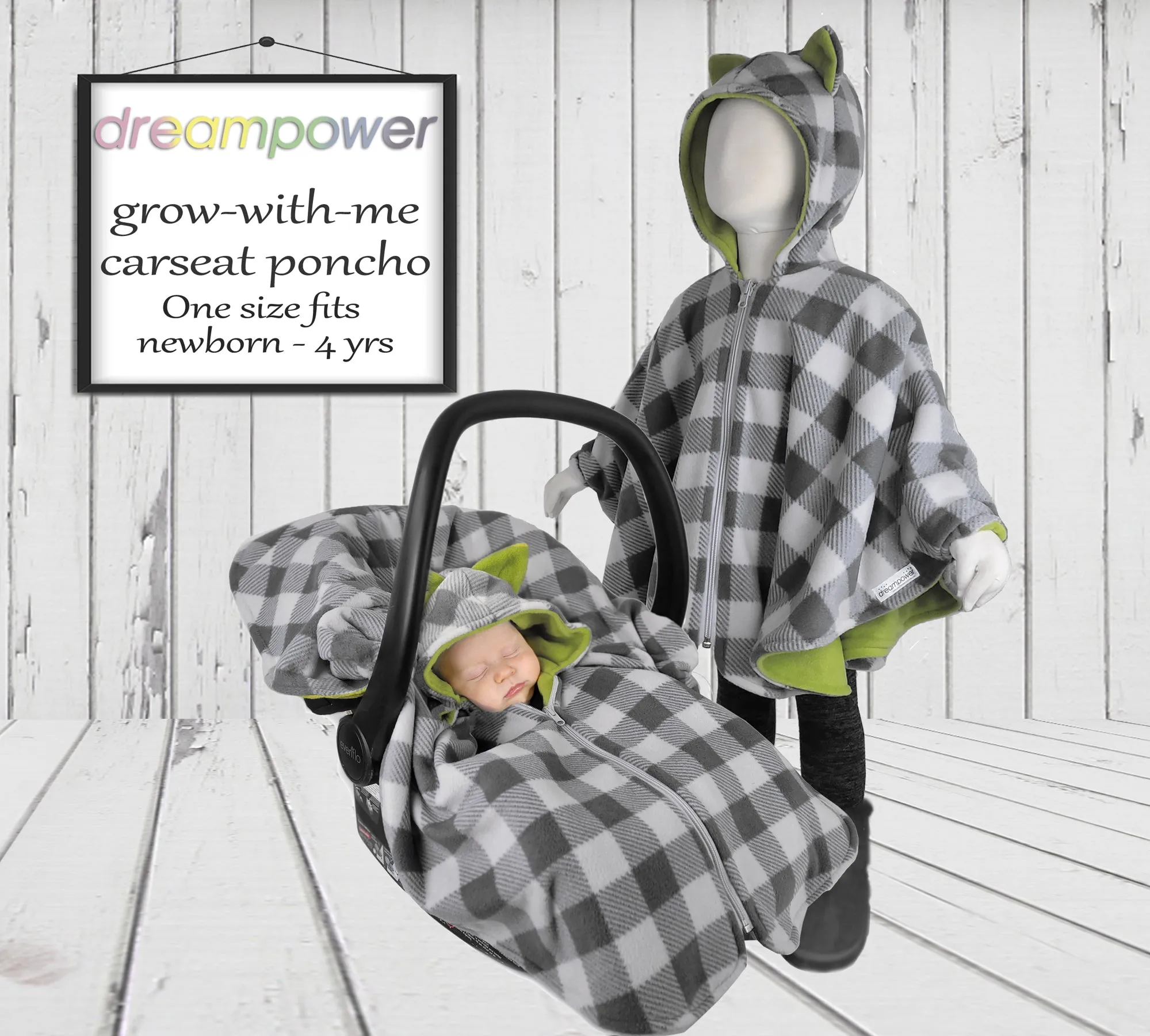 Car Seat Poncho - Lumberjack - Grey Plaid to green Wolf for newborn to toddler