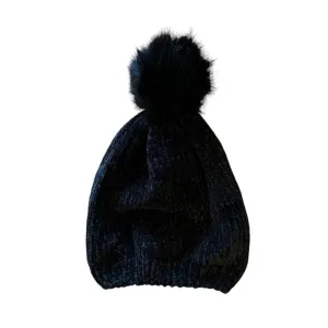 Chenille Pom Pom Hat - Black