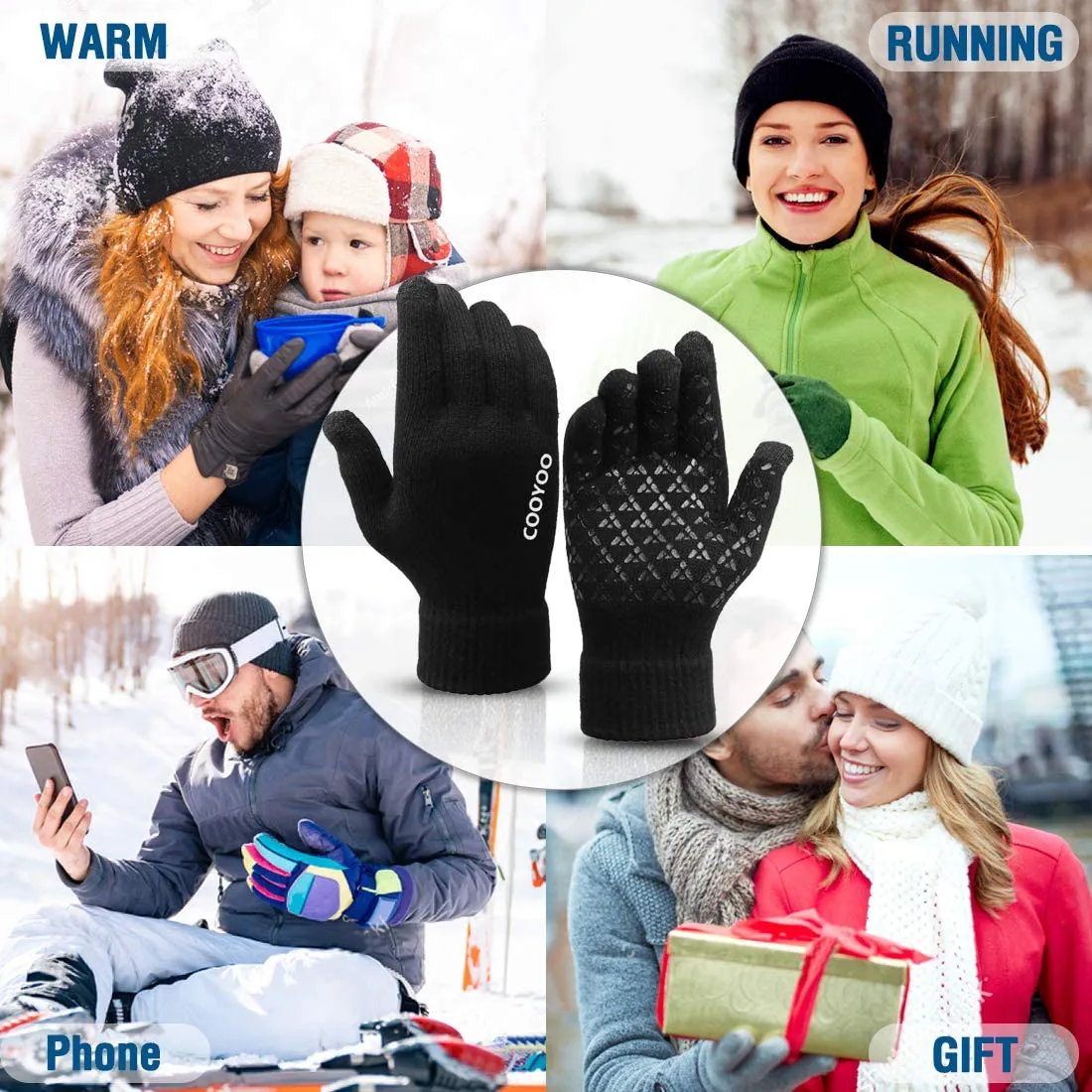 COOYOO Winter Gloves for Women and Men 1/2/3 Pairs,Upgraded Touch Screen Gloves,Anti-Slip Silicone Gel - Elastic Cuff - Thermal Soft Wool Lining - 3 Size Choice