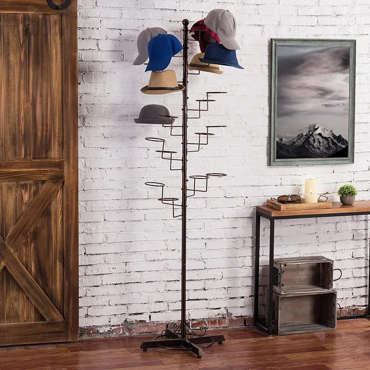 Dark Brown Metal Freestanding Retail Display Stand with 20 Circular Hooks for Hats and Wigs