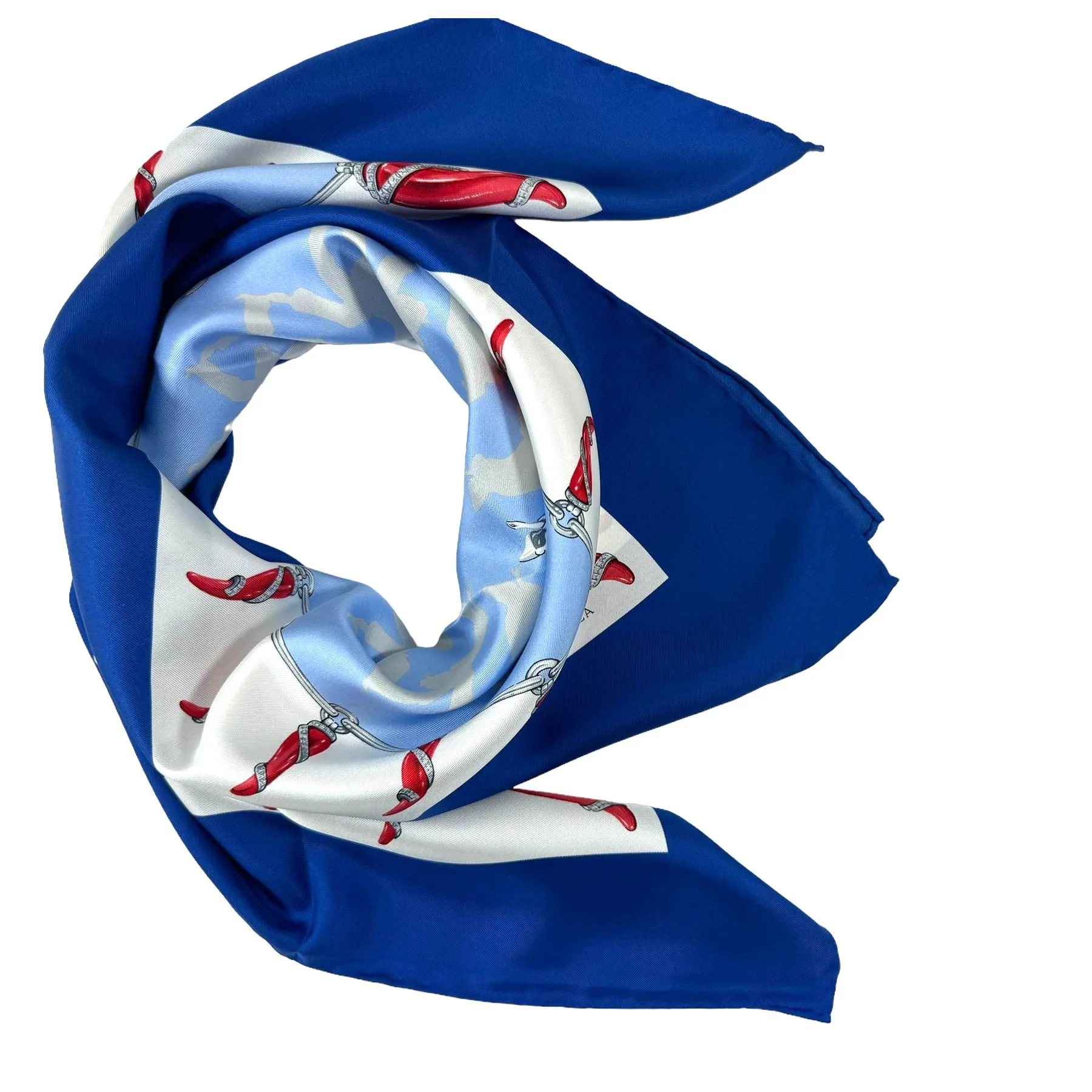 E. Marinella Scarf Royal Blue with Red Lucky Horn & Pulcinella Mask - Twill Silk Foulard SALE