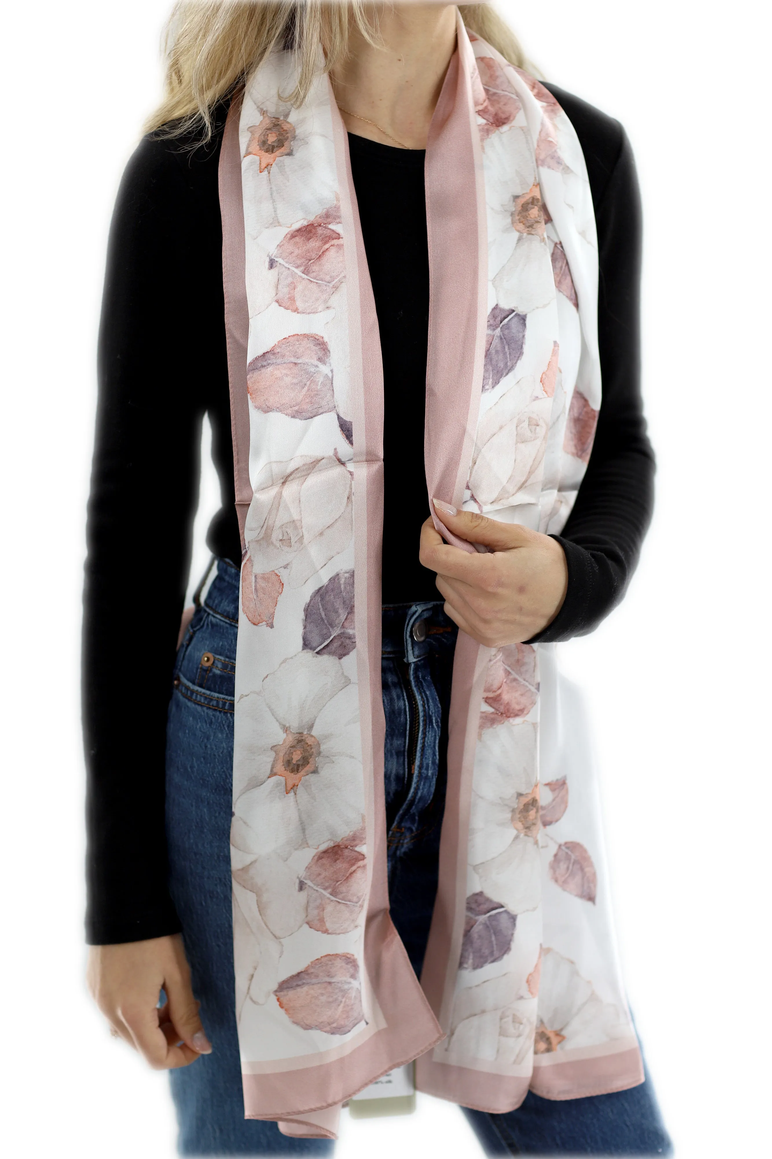 Elegant 100% Silk Floral Print Scarf - Pink - One Size (38x30in)