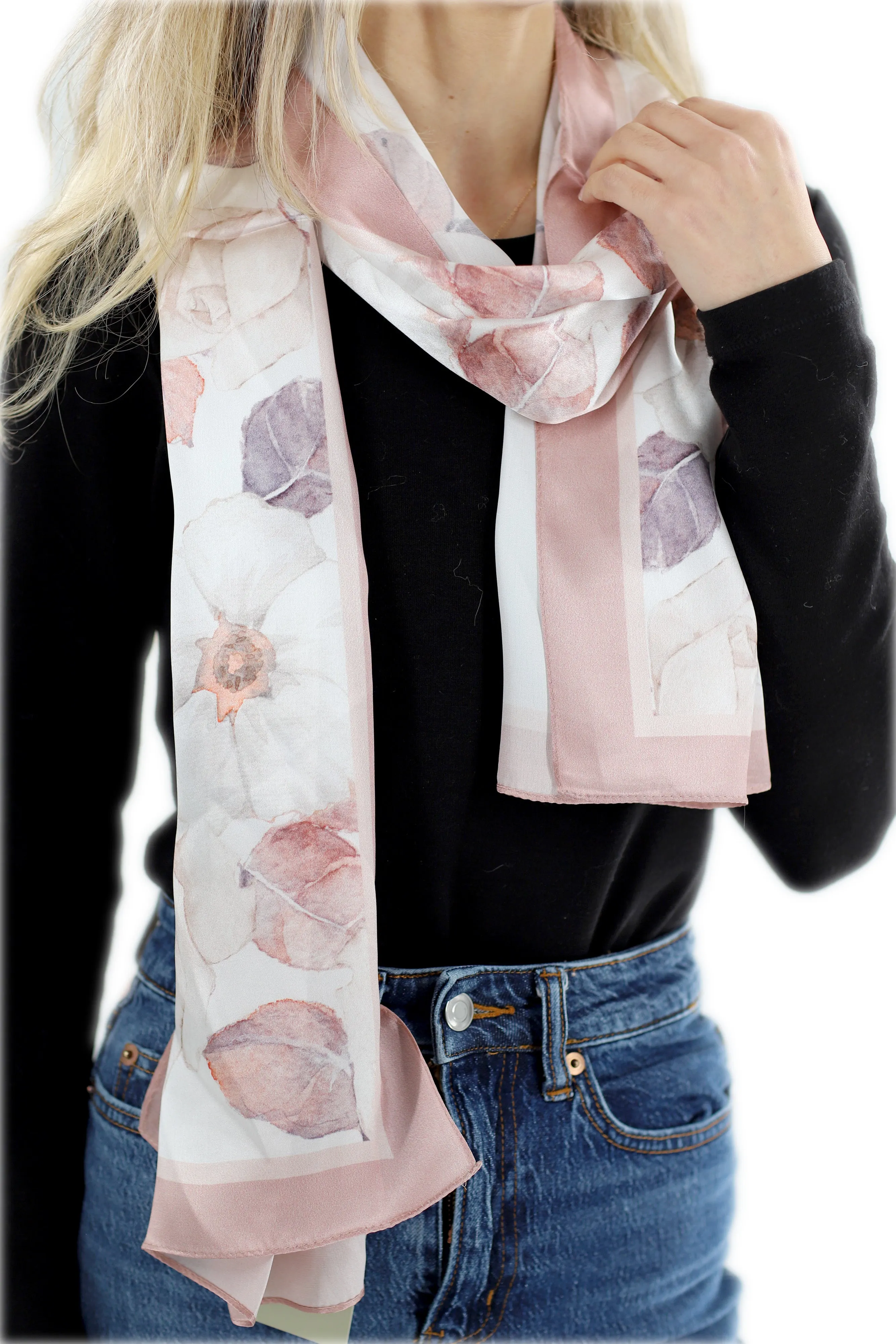 Elegant 100% Silk Floral Print Scarf - Pink - One Size (38x30in)