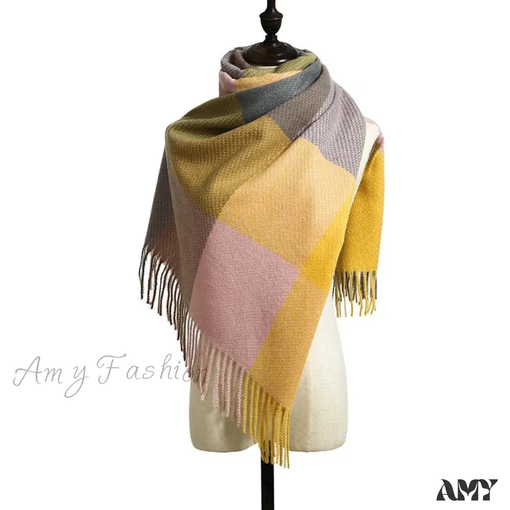 Elegant Lady Style Cashmere Tassel Luxury Scarf - Autumn Winter Striped Plaid