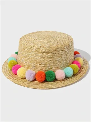 Girls Straw Hat With Plush Rainbow Pompoms