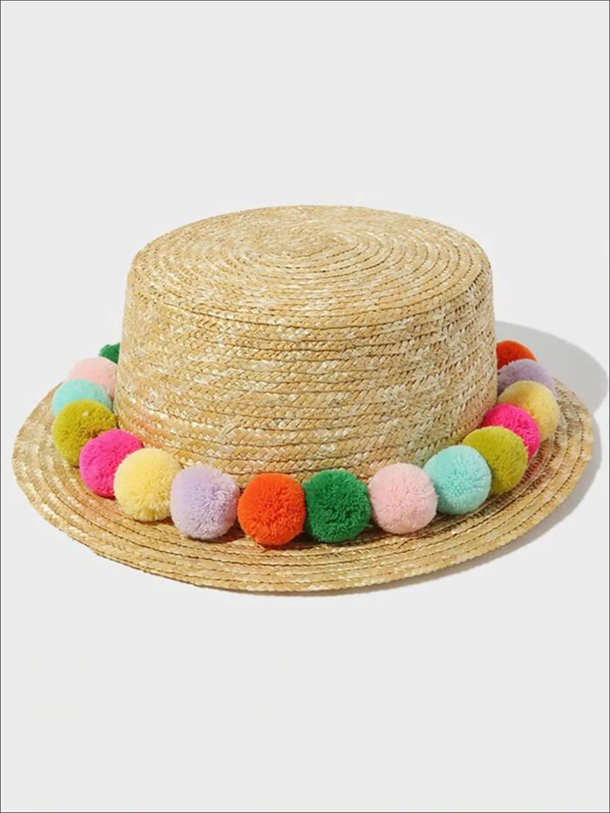 Girls Straw Hat With Plush Rainbow Pompoms