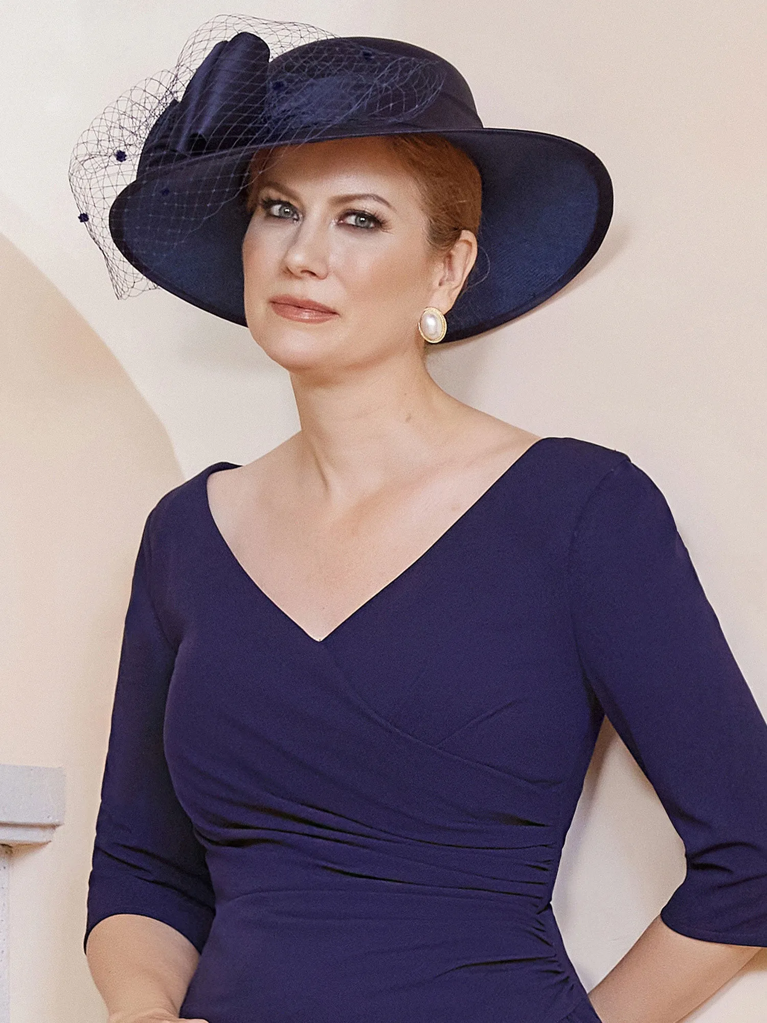 Graceful Dark Navy Mesh Veil Hat with Large Brim