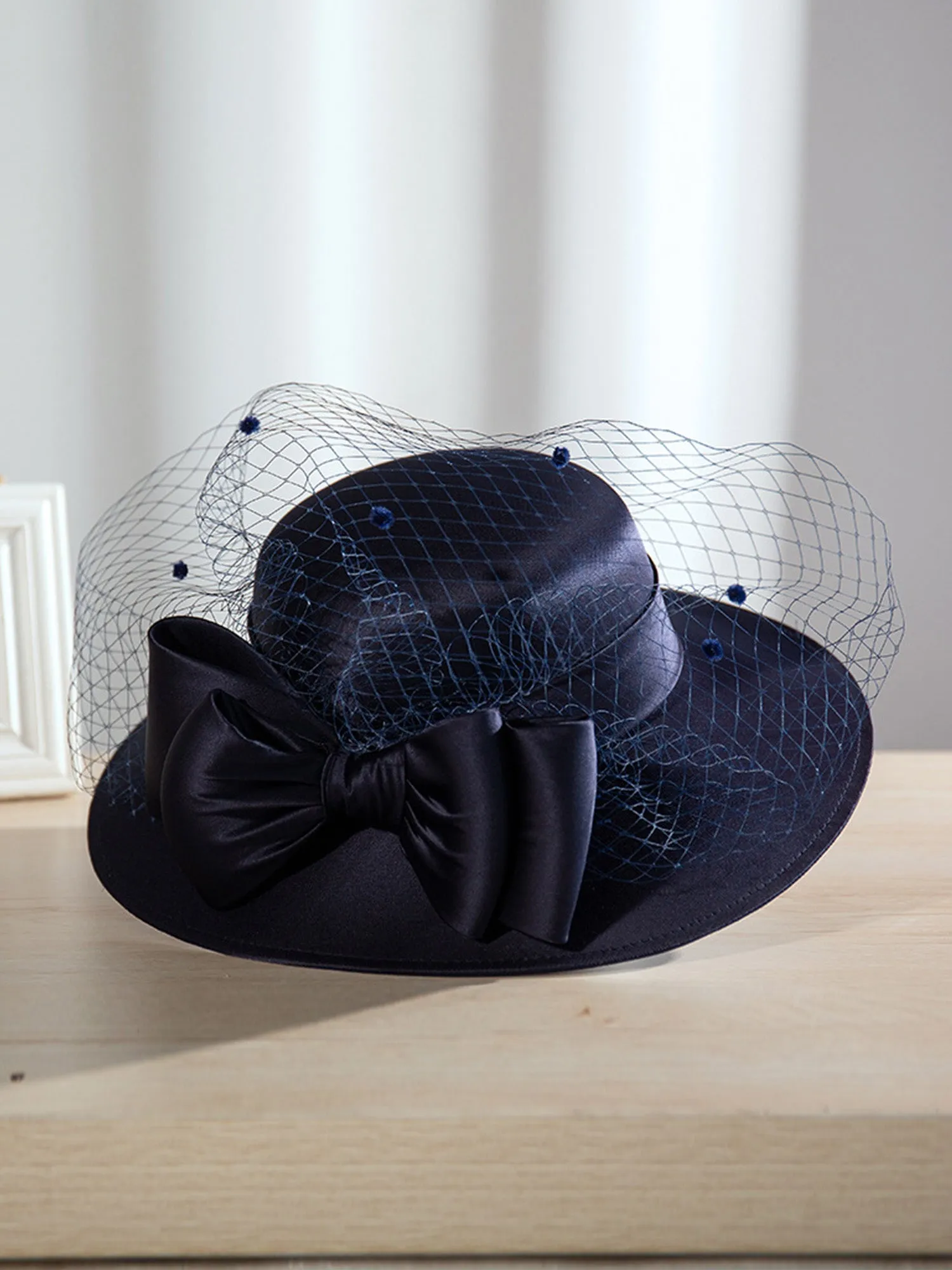 Graceful Dark Navy Mesh Veil Hat with Large Brim