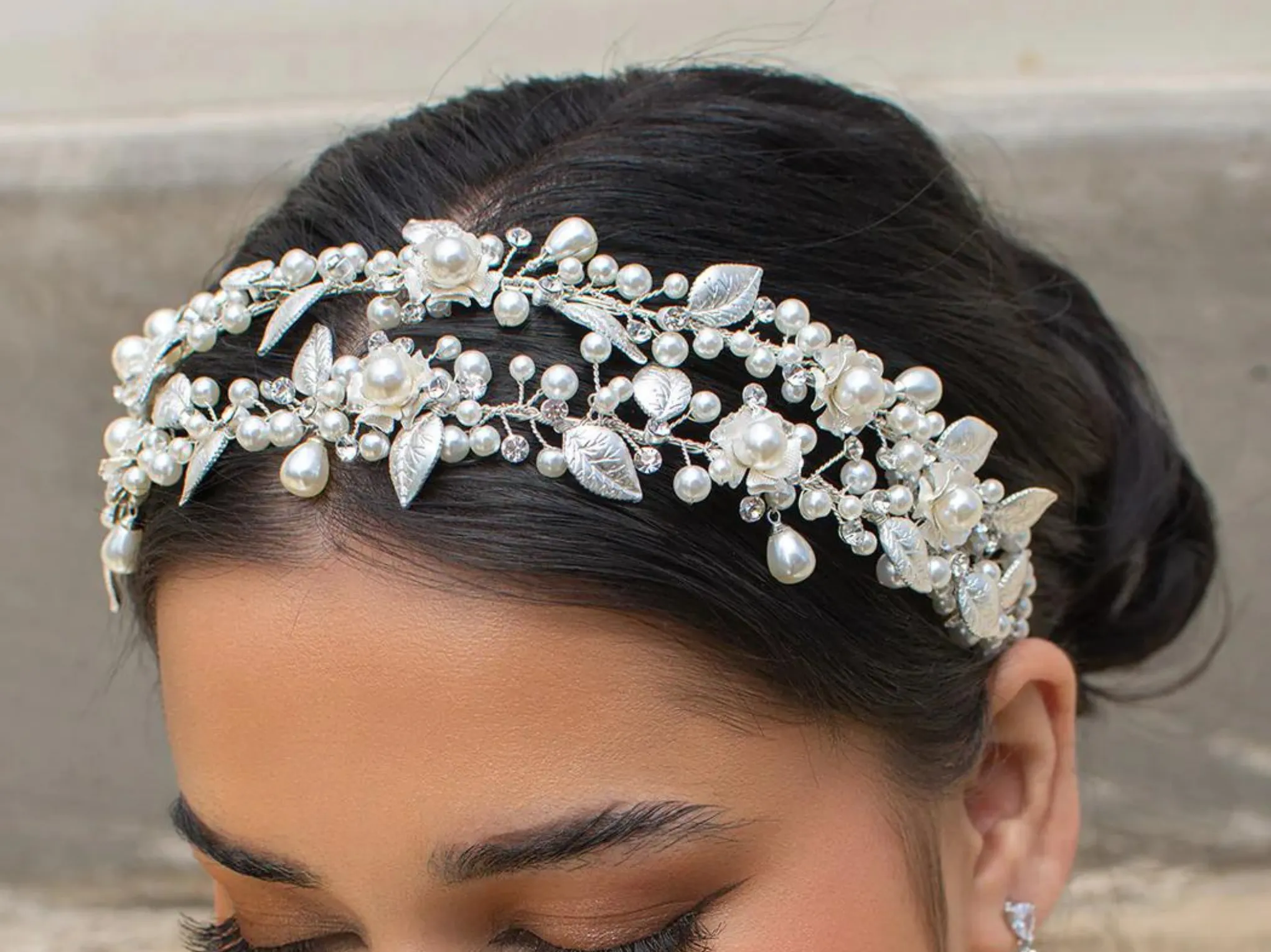 Hailey - Pearl Crystal Flower Double Bridal Headband