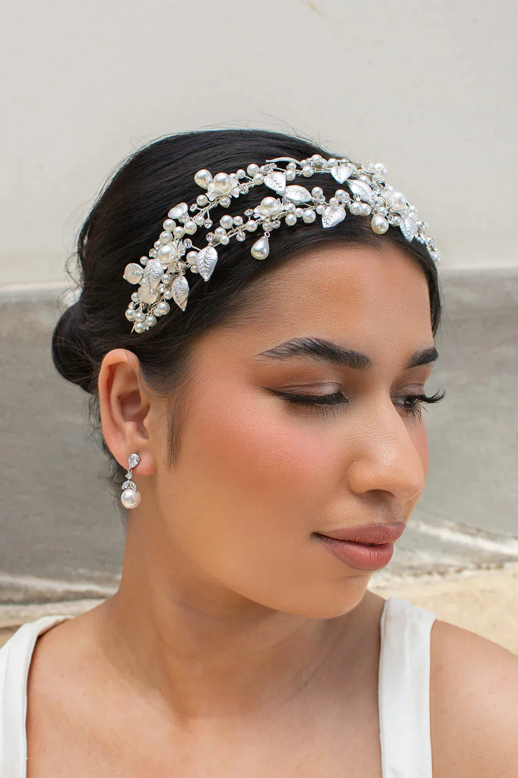 Hailey - Pearl Crystal Flower Double Bridal Headband