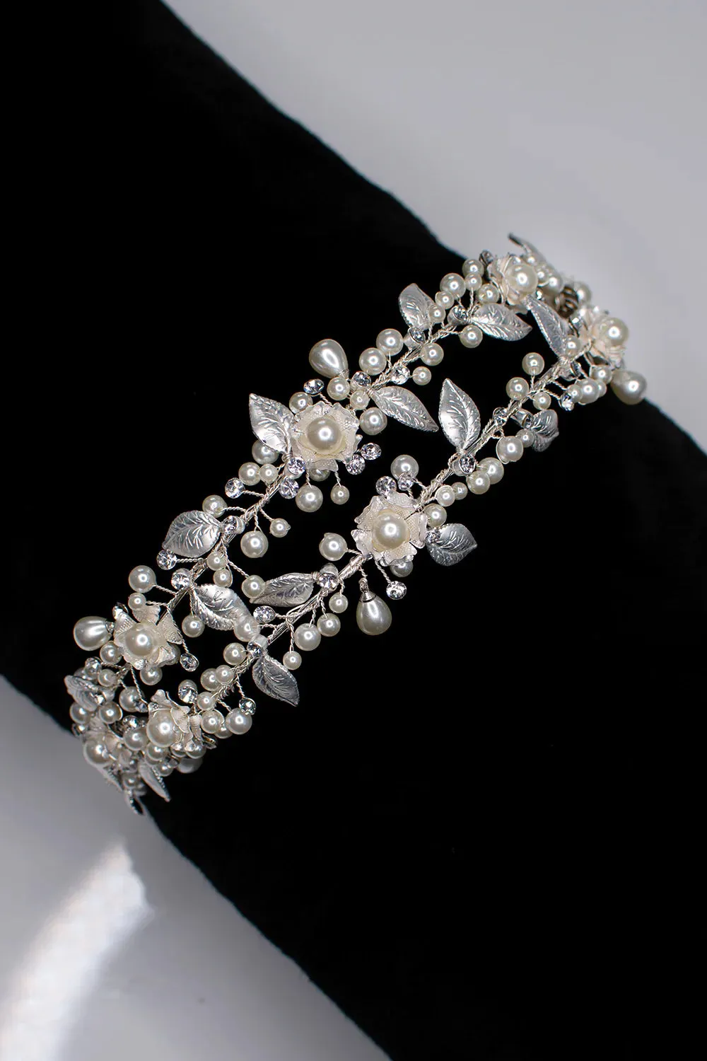 Hailey - Pearl Crystal Flower Double Bridal Headband