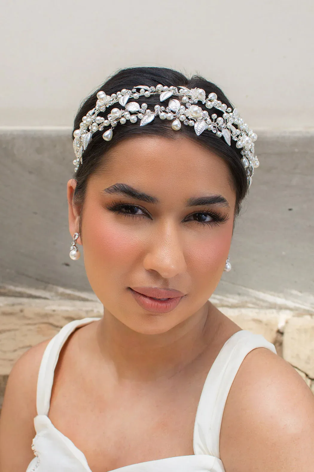 Hailey - Pearl Crystal Flower Double Bridal Headband