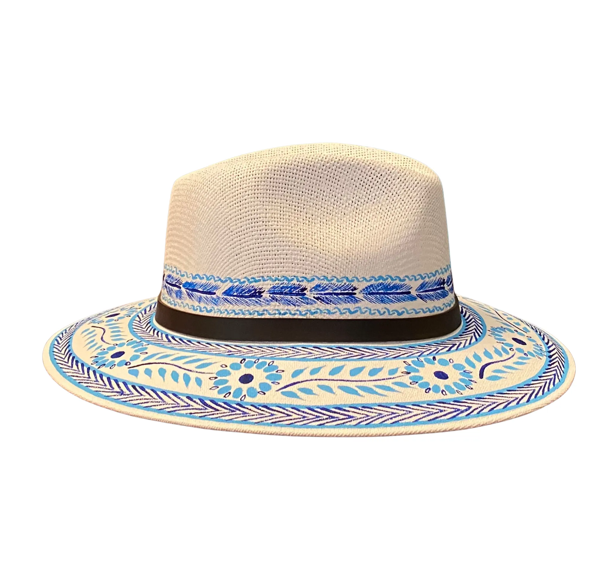 Hand-painted Hat from Mexico - Floral - White, Light Blue, Navy