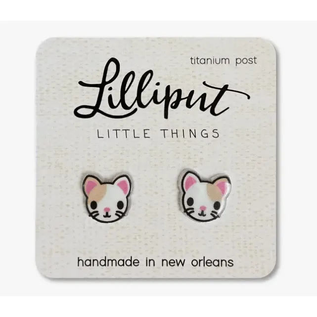 Lilliput Little Things Kitty Cat Earrings - White with Brown Spot