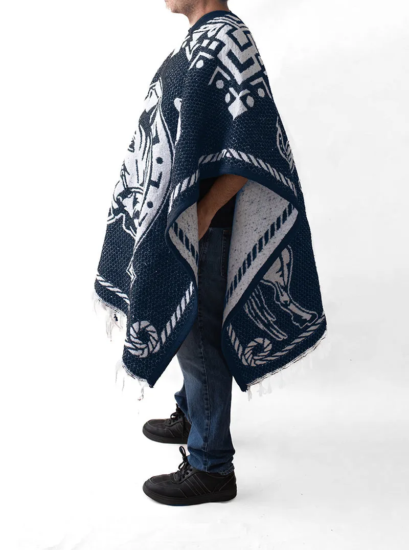 Men's Mexican Poncho - Two Horses - BLUE