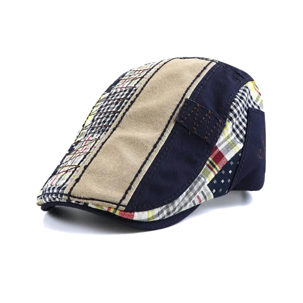 Mens Newsboy Flat Hat Cotton Patchwork Cabbie Catsby Buckle Adjustable Cap YZ30116