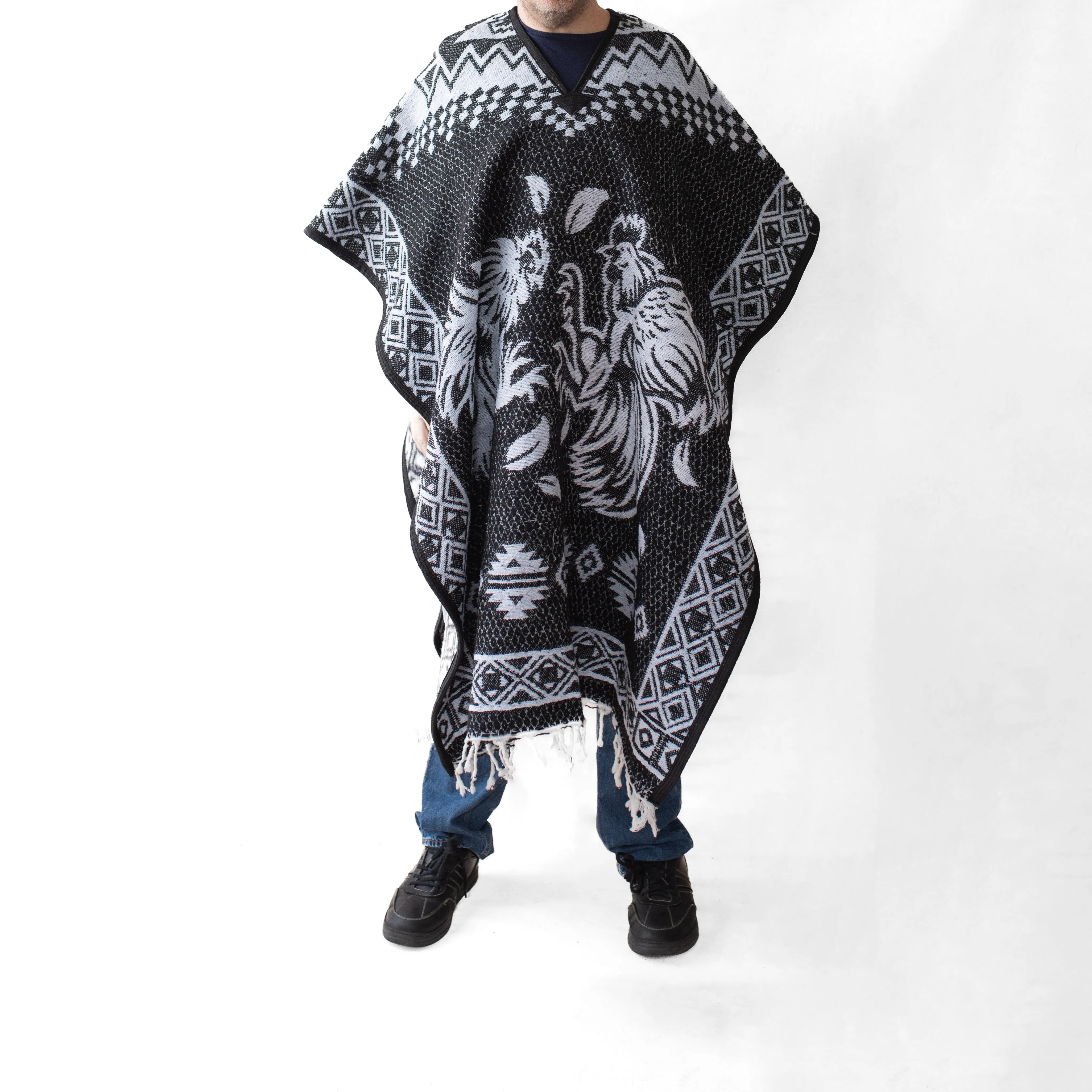 Mexican Alpaca Poncho for Men - Roosters Facing - BLACK