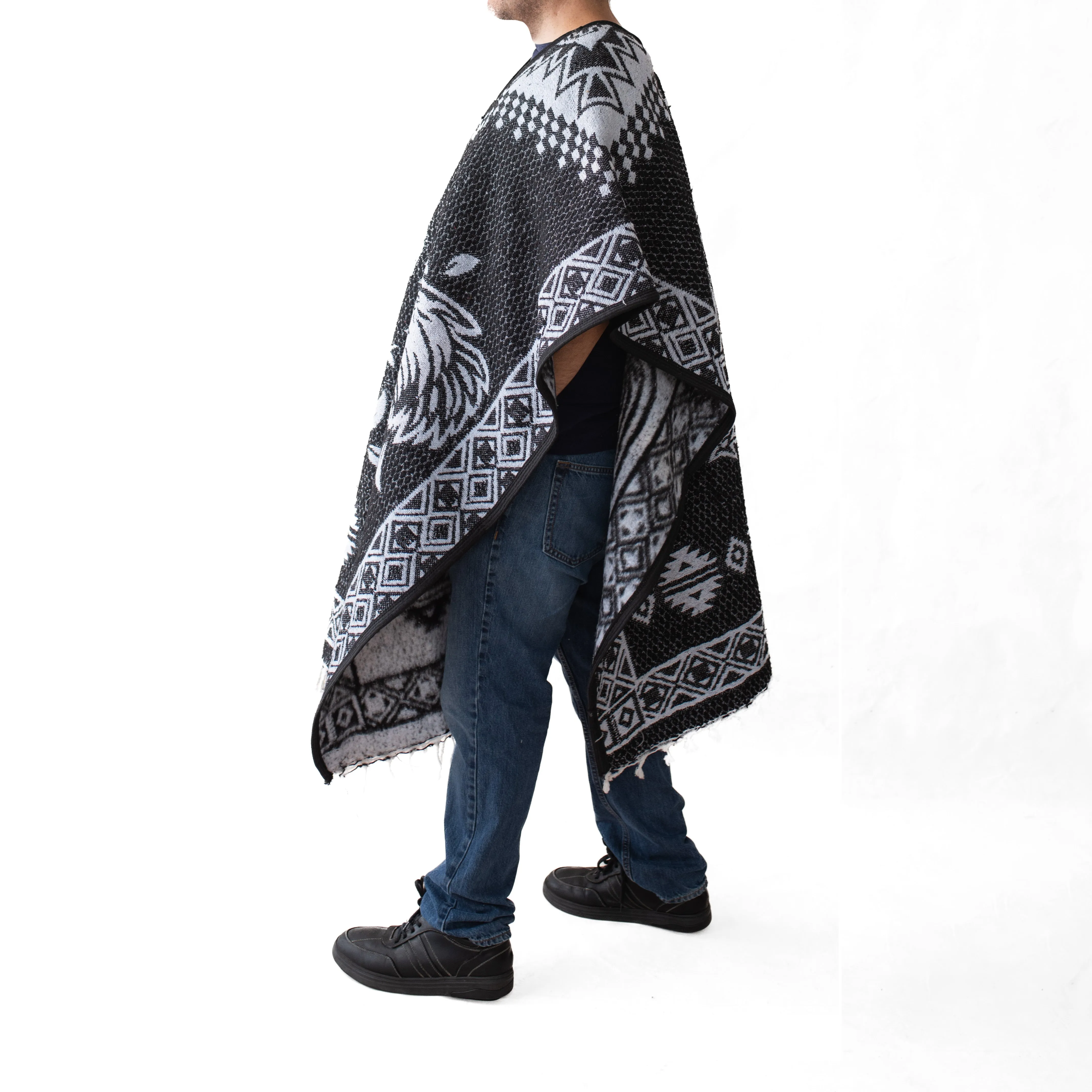 Mexican Alpaca Poncho for Men - Roosters Facing - BLACK