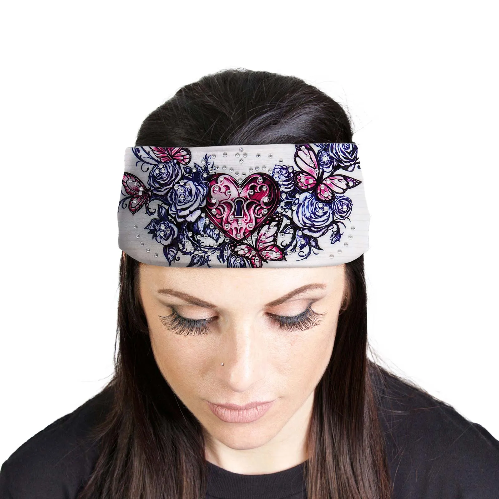 Milwaukee Leather | Bling Designed Wide Headbands-Headwraps for Women Biker Bandana with Heart Lock White - MLA8026