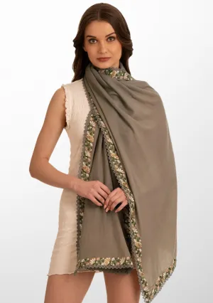 Natural Wool and Silk Scarf with Multicolor Embroidery Applique and Natural Lace Border