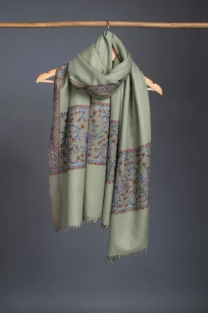 Silk Wool Shawls, Kashmiri Embroidery, Hand Embroidery, Merino Scarves, Green Wraps, Budget Scarves, 28x80" - MAINE