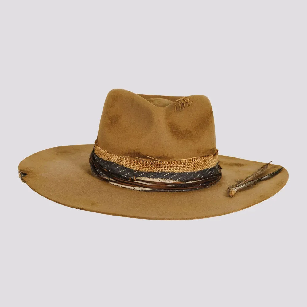 Six Shooter | Womens Distressed Wool Felt Pinch Front Fedora Hat