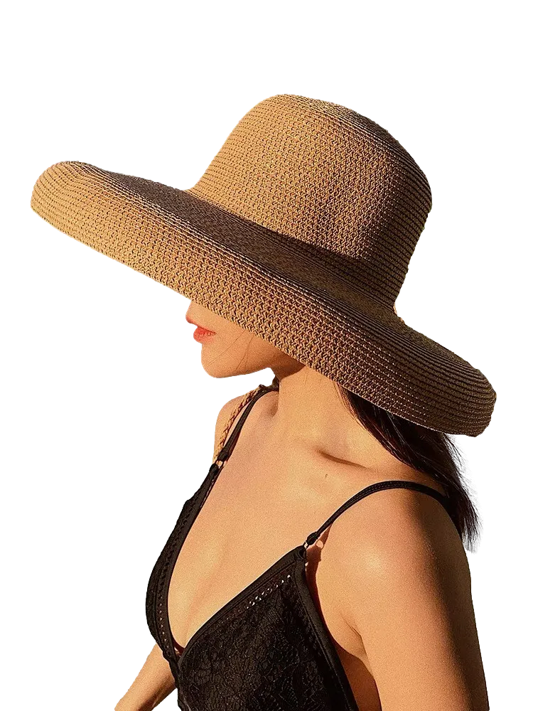 Women Wide Brim Summer Straw Sun Hat Crushable Beach Sun Hat for Ladies Travel Solid Plain Curved Brim