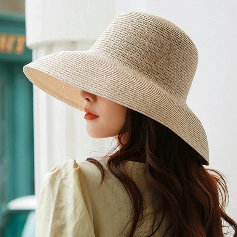 Women Wide Brim Summer Straw Sun Hat Crushable Beach Sun Hat for Ladies Travel Solid Plain Curved Brim